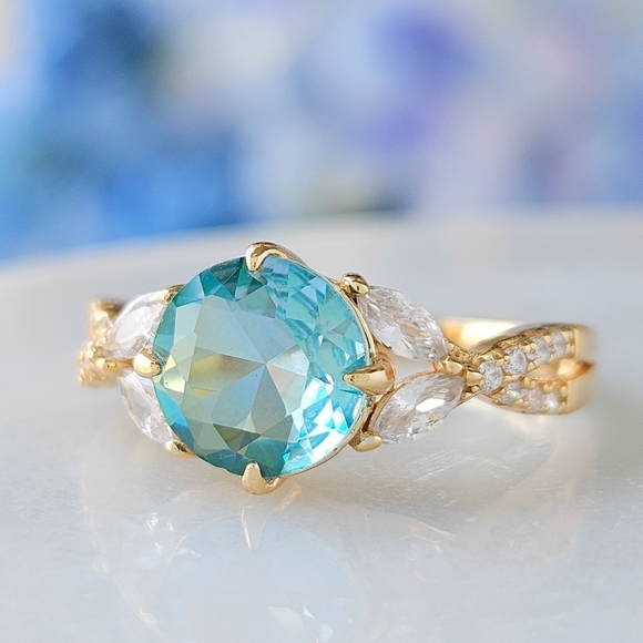 Gold and Aquamarine  Blue and Teal Gemstone Ring Set, 925 Sterling Silver - Picture 4 of 6